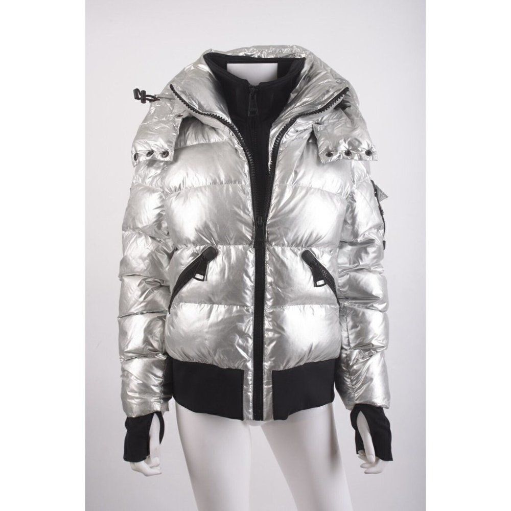 SAM New York Womans Bungalow Down Puffer Jacket Coat Size L Silver Hooded NWT